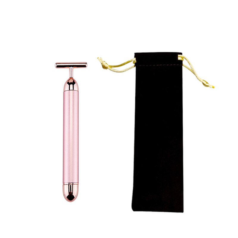 Rouleau électrique de Massage du visage, barre de beauté en or 24K, bâton de soins du visage vibrant et étanche: Rose gold with pouch