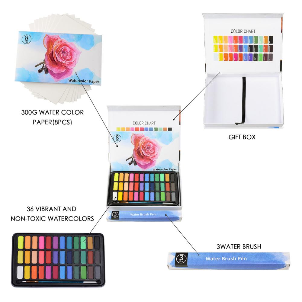 Juego de pinturas de acuarela de 36 colores, con 8 hojas de papel de 300gsm y bolígrafo de pincel de agua para materiales de arte