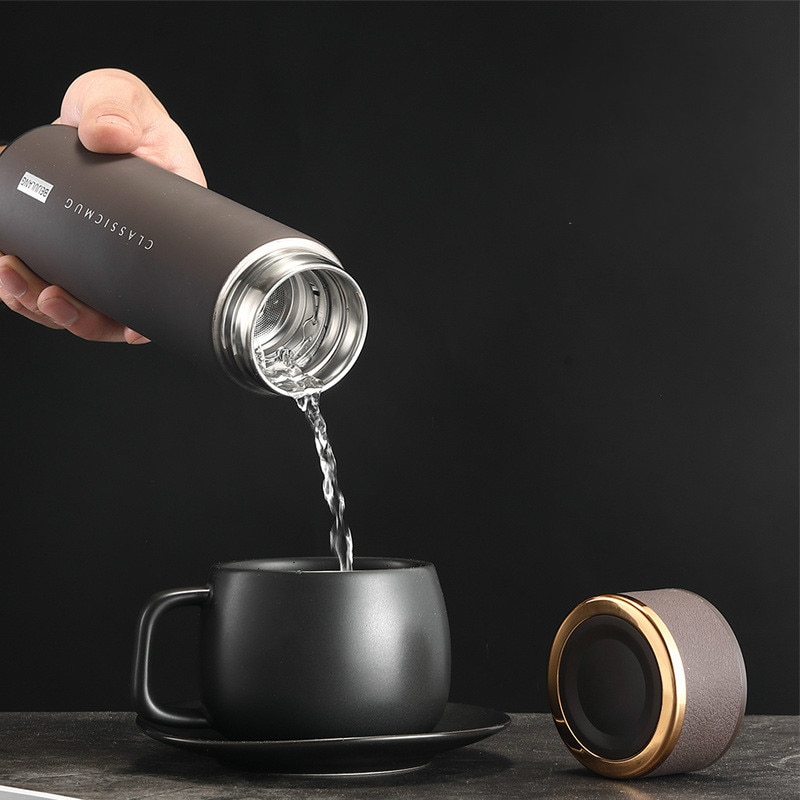 Isoler termos te krus med filter krus temperatur display kaffekop rustfri stål termisk flaske vakuumkolbe med låg