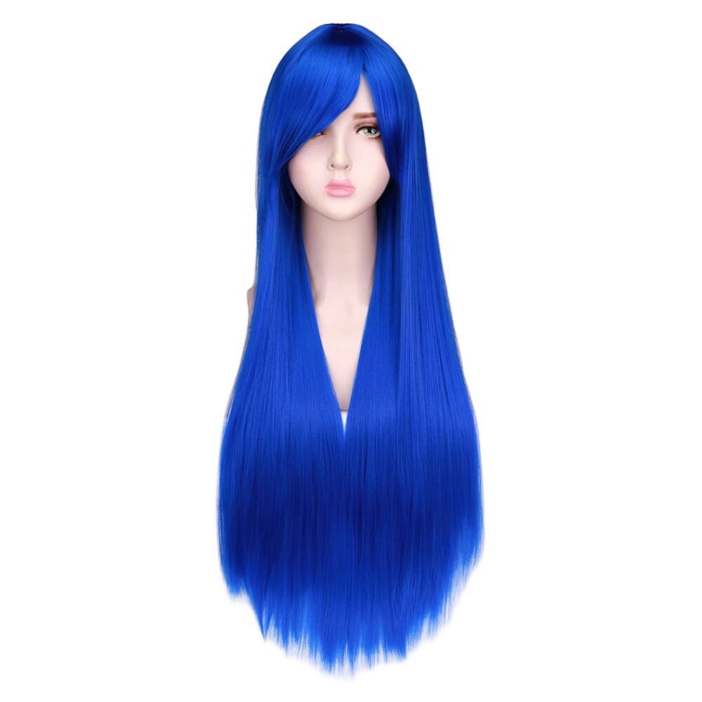 QQXCAIW Long Straight Cosplay Wig Women Costume Party Black Red Ombre Heat Resistant Synthetic Hair Wigs: dark blue