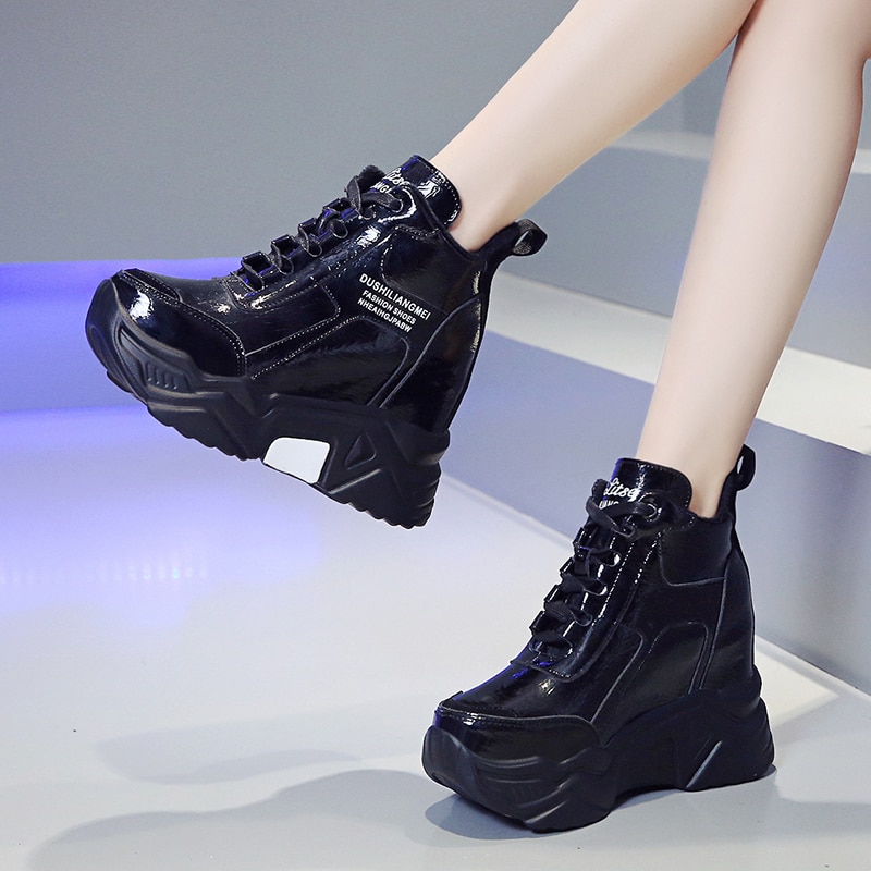 Woman Height Increasing Boots Mujer Ladies Metal Silver Chunky Platform Sneakers Women Winter Warm Super High Heels Casual Shoes