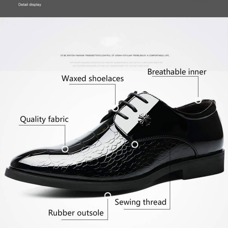 Zapatos de oficina para hombre del Océano Pacífico, zapatos de vestir para hombre de cuero brillante Negro, zapatos de vestir transpirables de talla grande con punta estrecha, zapatos planos para boda
