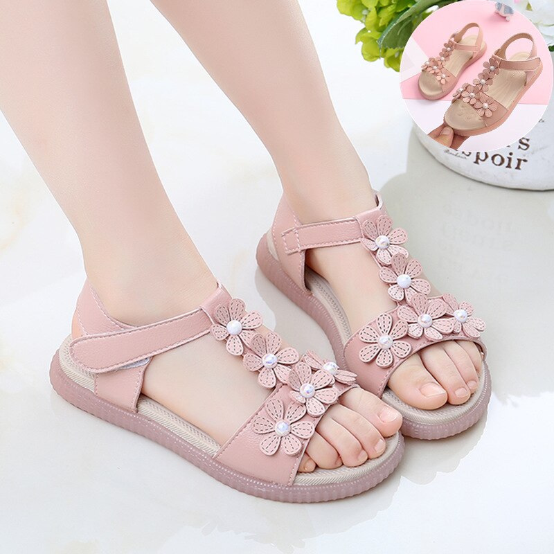 Bloemenmeisjes sandalen zomer kinderschoenen antislip zachte platte schoenen open teen kinder strandschoenen kleine meisjes prinsessen sandalen: Roze / 12.5