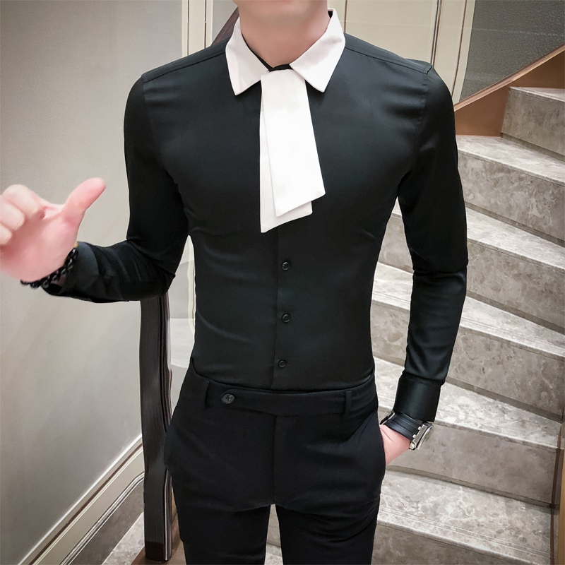 British Style Simple Tuxedo Shirt Men All Match Tie Long Sleeve Men Social Shirts Slim Fit Party Wear Blouse Homme 3XL-M: Black / Asian 3XL 72-78KG