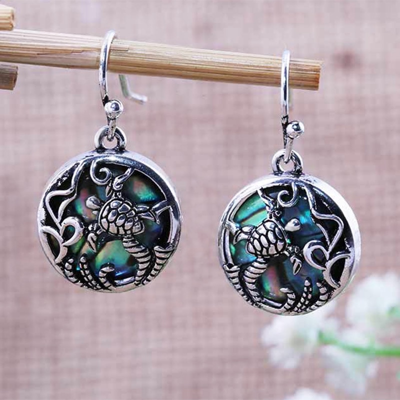 Huitan Cute Turtle Earrings Old Vintage Round Shaped Pendant Earrings Traditional Ethnic Accessories For Women
