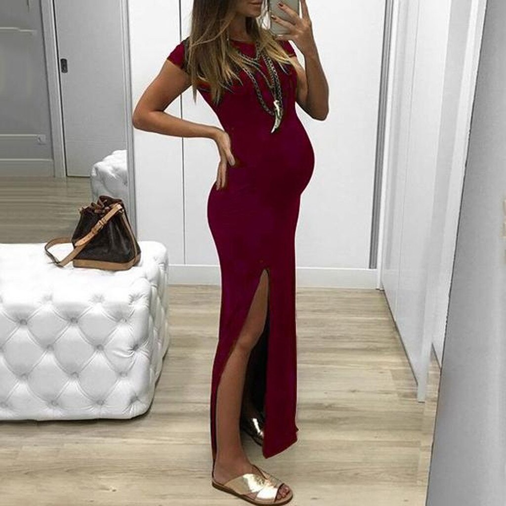 4# Women Solid Short Sleeve Open Fork Pregnancy Maternity Dress Pregnancy Dress Zwangerschaps Jurk Voor Fotografie: Wine / XL