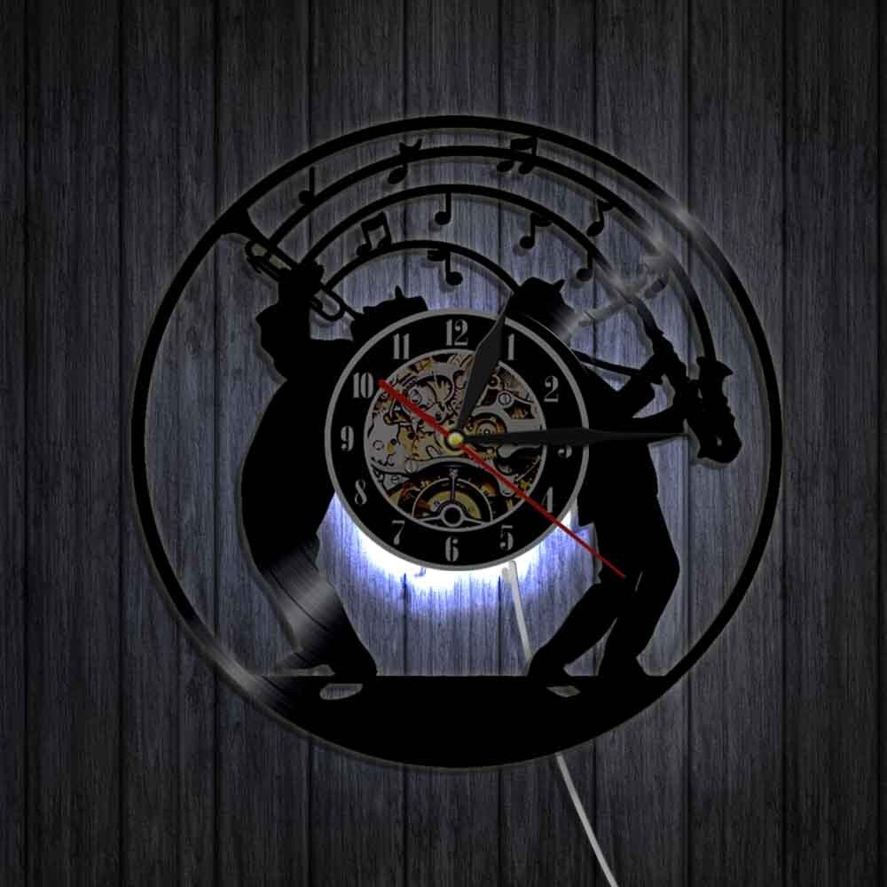 Reloj de pared de vinilo con luz Led con de saxofón iluminado, reloj artístico con banda de música Jazz, para amantes