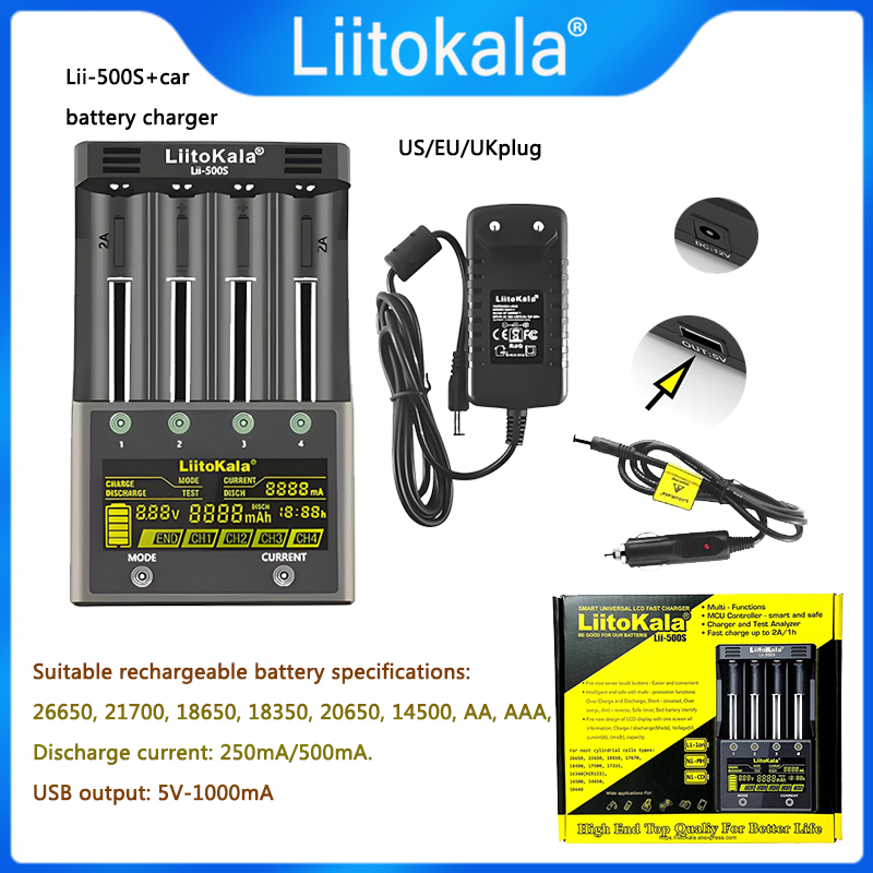 LiitoKala Lii-500S 500 18650 LCD Battery Charger for 26650 16340 18350 3.7V 1.2V Ni-MH Ni-Cd Li-ion Test Battery Capacity +car