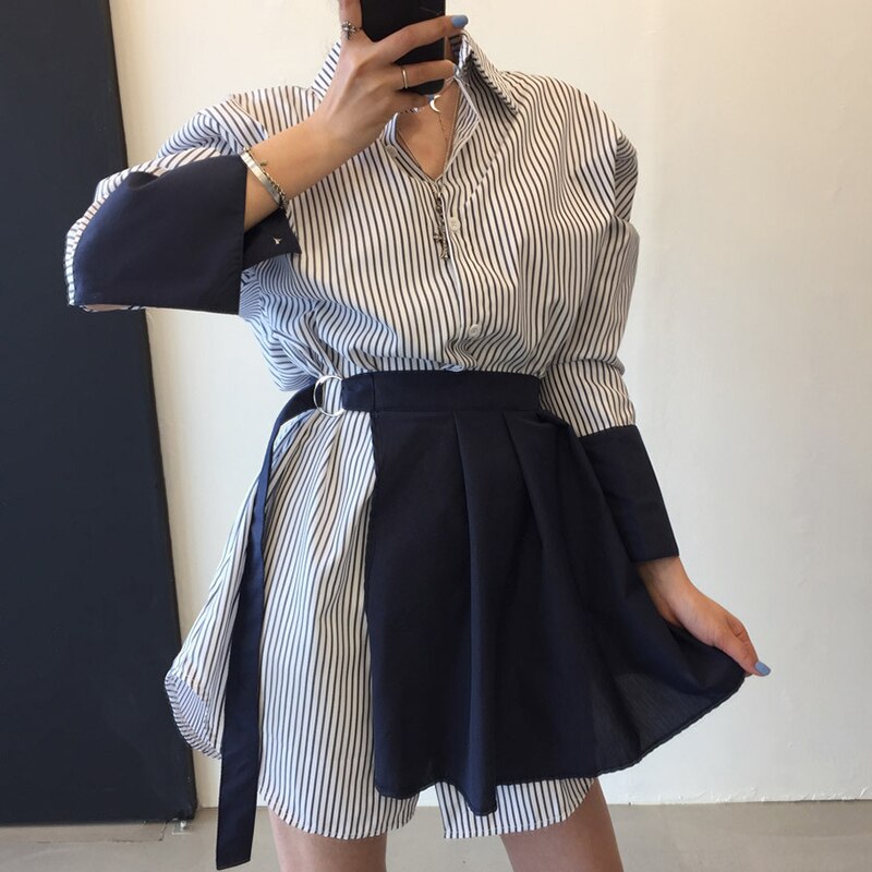 Superaen koreaanse stijl turn-down kraag enkelrijs losse contrasterende kleur volle blouse gestreepte jurken dames