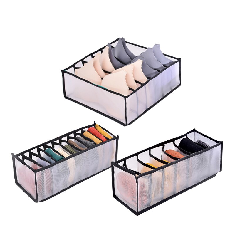 Opvouwbare Ondergoed Opbergdoos Met 6/7/11 Compartimenten Nylon Divider Doos Sokken Bra Underpants Garderobe Drawer Closet Organizer #: black 3pcs