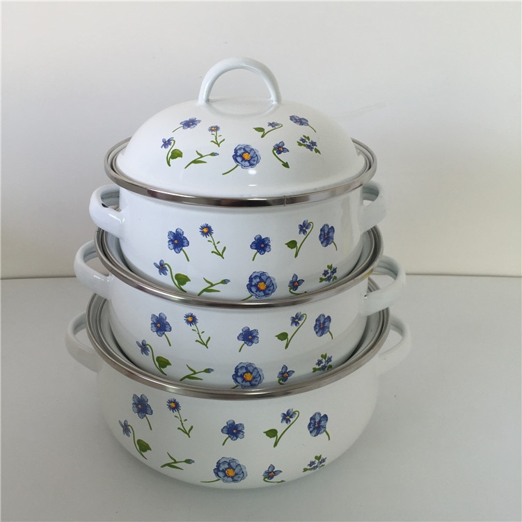 3-piece Soup Pot 1-2 litre Enamel Cooking Pot Mini Kitchen Cooker Multi-function Porcelain Enameled Cooking Pot
