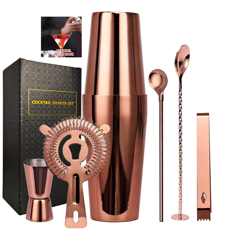 Ensemble de Shaker à Cocktail de Boston en or Rose, Kit de barman, pour boissons mixtes, outils de Bar à domicile Martini, pour débutants, 6 pièces: Rose Gold-Boston