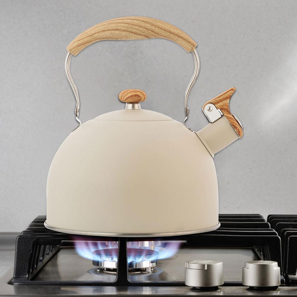 Bouilloire à thé en acier inoxydable 2,5 l, théière à poignée en bois, chaudière à eau classique pour toutes les cuisinières, vert menthe, Beige