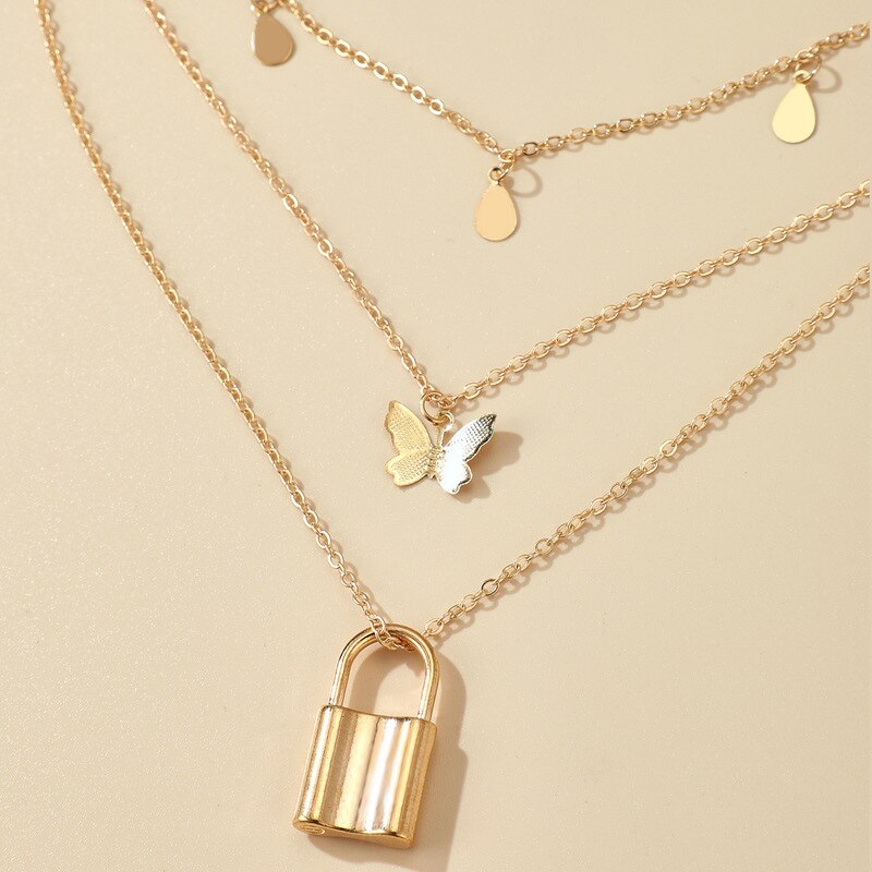 Butterfly Retro Layered Pendant Padlock Necklace Choker Jewelry for Women Girl Party BMF88