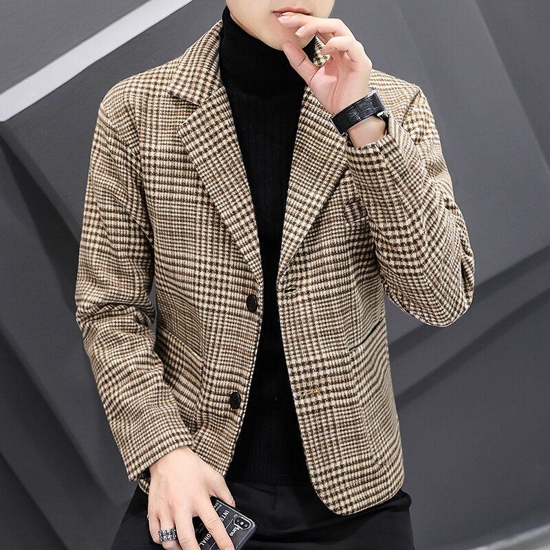 Autum Winter Wool Blends Blazers Men Plaid Casual Slim Suit Jacket British Style Business Social Dress Coat Wedding Windbreaker: Khaki / XL