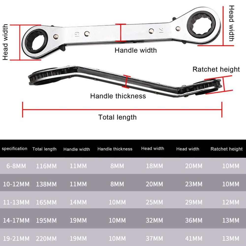 5 unids/set doble curvado cabeza de trinquete de carraca Reversible llave de mango métrica mano herramienta de trinquete anillo tensor