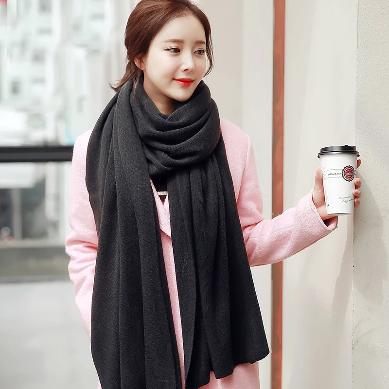 Écharpe longue tricotée pour femmes | Écharpe blanche, unie, tricotée, Pashmina, châles à envelopper, pour filles, cou de Snood, noir, gris, rouge: Black