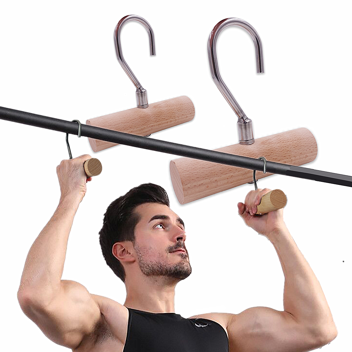 1 Pair Wooden Pull Up Bar Handles Fitness Heavy Duty Grips for Home Arm Strength Deadlift Lifting Training Workout Accessories
