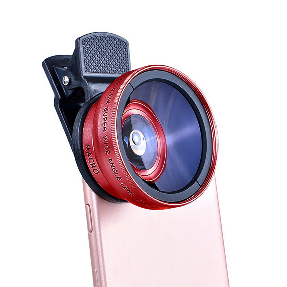Lente 2 en 1 de 37mm, Clip Universal para teléfono móvil, lente Super gran angular de 0.45x 49uv + lente Macro HD para iPhone y Android: Red