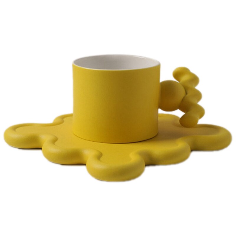 210Ml Ceramic Memphis Medieval Coffee Cup Couple Mug Frosted Ceramic Cup Coaster Box Set: Yellow