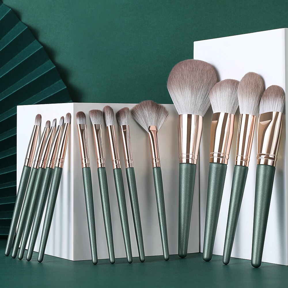XINYAN 14pcs Makeup Brushes Set Eyeshadow Powder Green Matte Wood Handle Concealer Cosmetic Eyebrow Beauty Tool