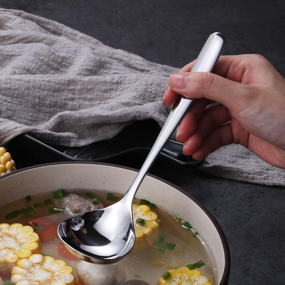 S/L Korean Style Long Handle Soup Spoon Stainless Steel Round Dinner Spoons Kitchen Supplies Cooking Tool