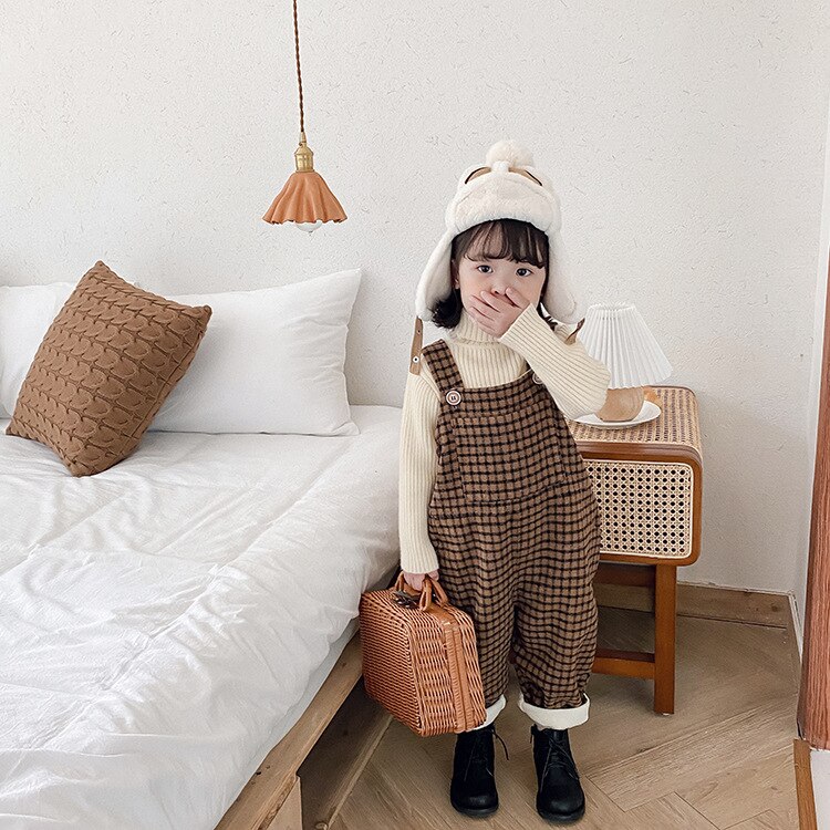 Automne hiver Plaid enfants ensemble laine ceinture pantalon bébé garçon fille velours pantalon enfants salopette infantile vêtements bébé vêtements