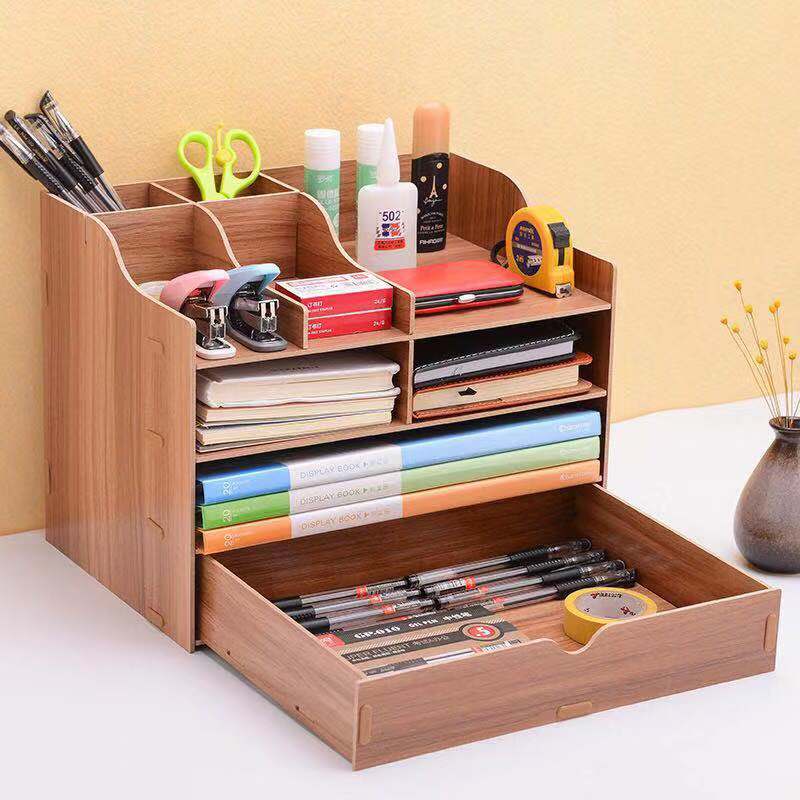 Trieur de documents de bureau en bois à 4 niveaux, support de documents A4 porte-plateau avec porte-stylo organisateur de bureau pour le bureau et la maison