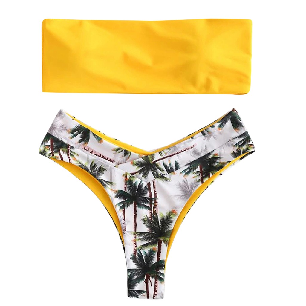 Jaycosin glamorous special style women coconut tree print women summer bra suit swimsuit: Yellow / XL