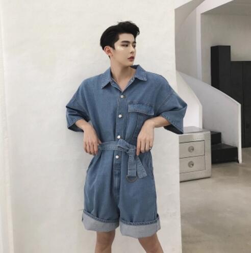 Summer Men clothing loose denim jumpsuit tooling short sleeves wide-legged pants set hairstylis costumes M-XXL: S