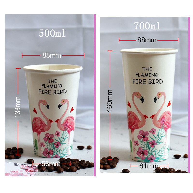 50pcs flamingo disposable coffee cup 500ml 700ml net red milk tea paper cups cold drink glass with covers: Cup / 500ml 50pcs