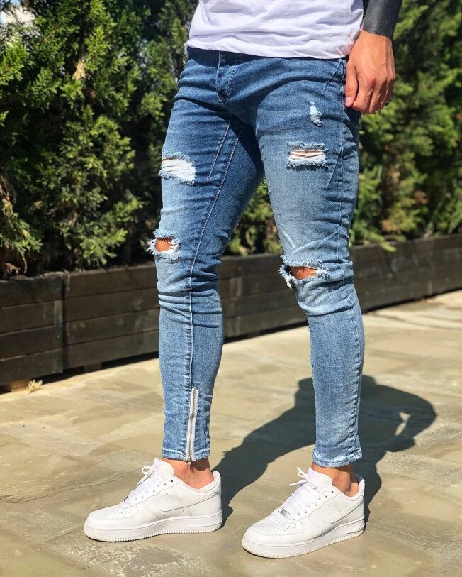 Men Ripped Ankle Jeans Stretch Small Feet Jeans Men Hip Hop Hole Damaged Cool Casual Jeans