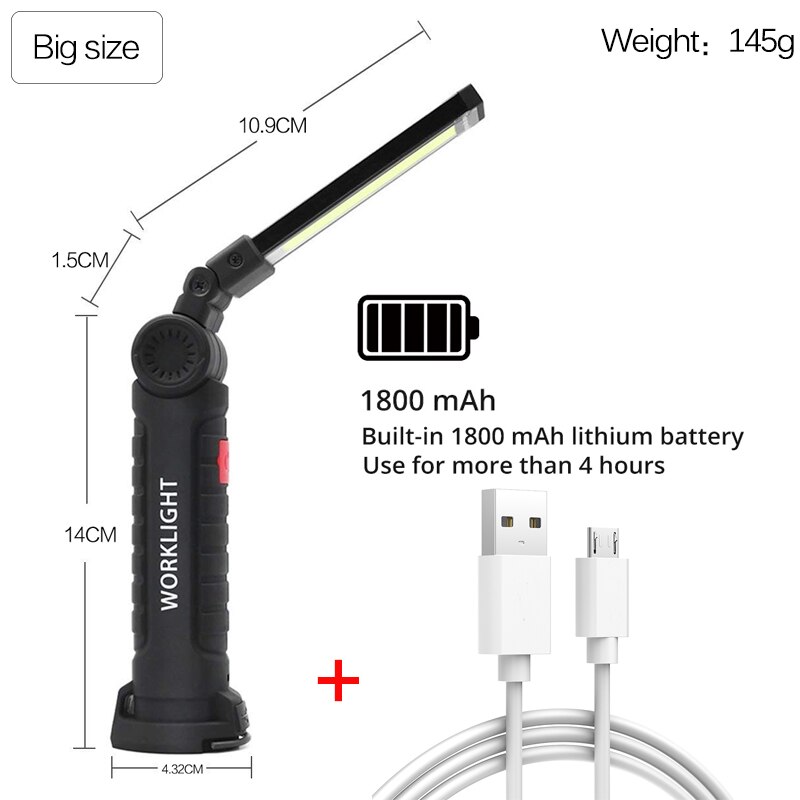 Led arbejdslys usb genopladelig cob led lommelygte magnetisk 5 modes ultra lys lommelygte vandtæt til bilreparation med magnet: Stor størrelse