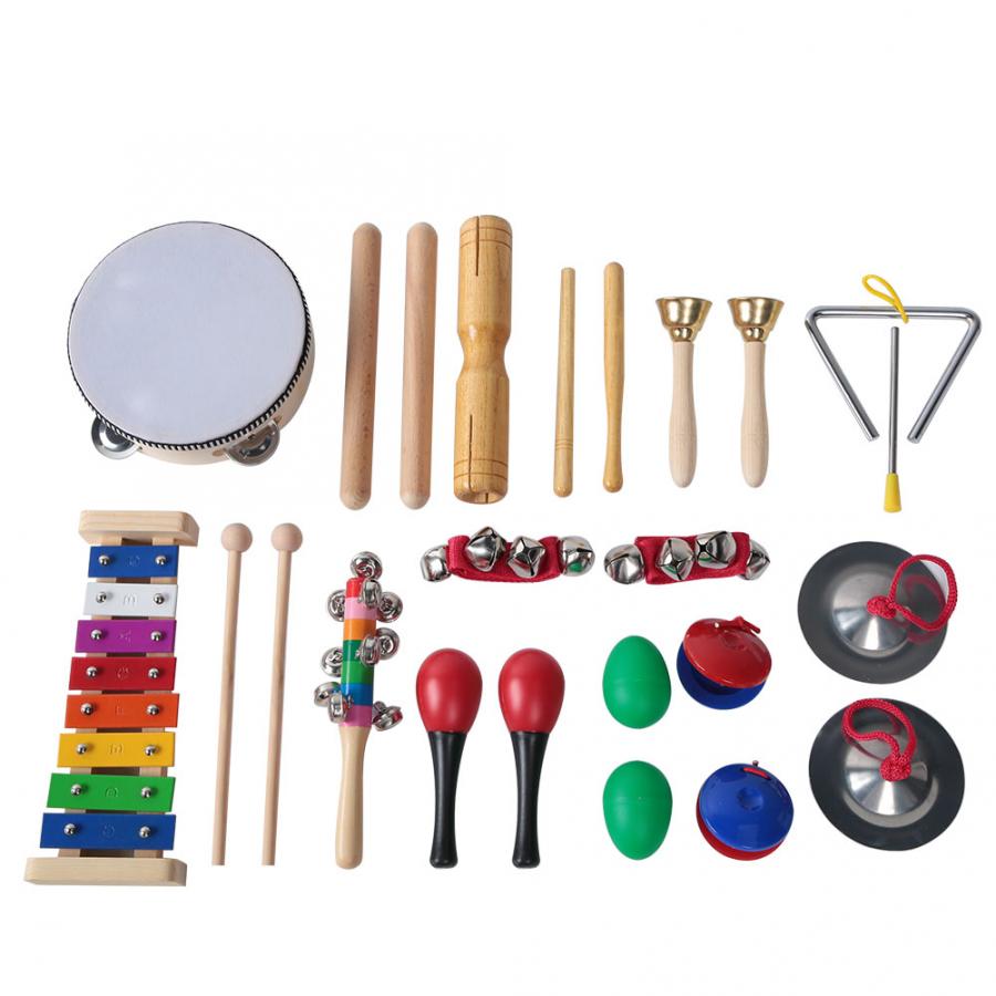 13 pièces enfants musique ensemble d'instruments tambourin + poignet cloche + Gong en métal + cloche + Tube en bois + Xylophone Ect Orff Kit de Percussion