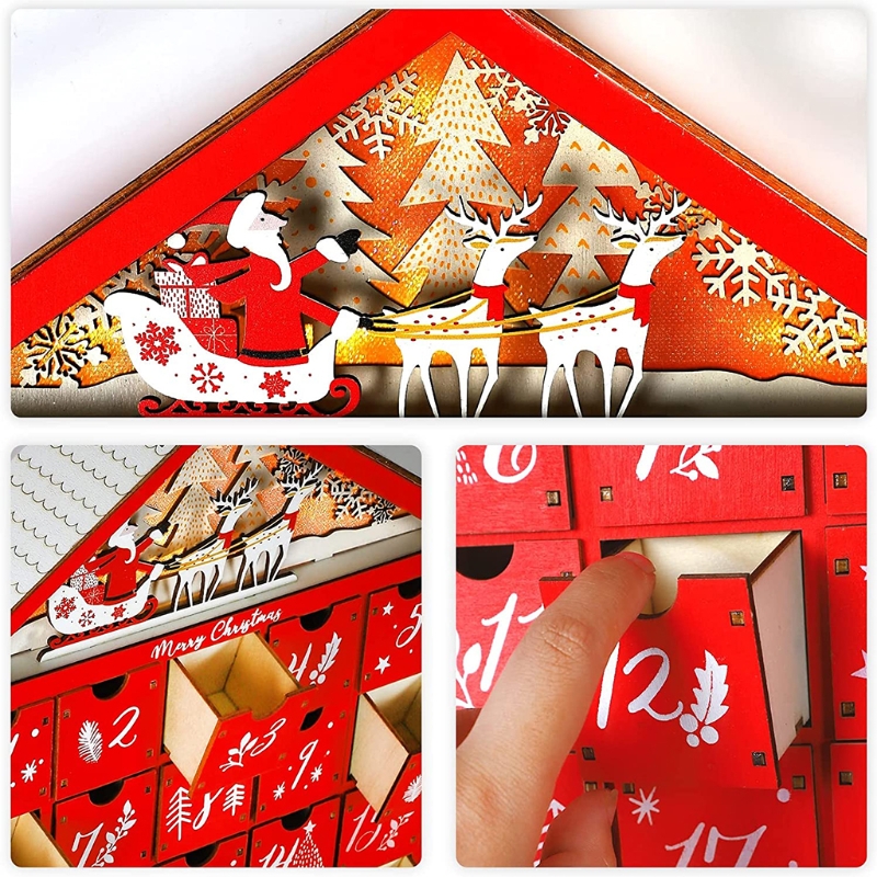 Calendrier de l'avent en bois rouge, maison avec lumière LED 24 tiroirs de rangement, organisateur de bonbons, compte à rebours de noël, P82C