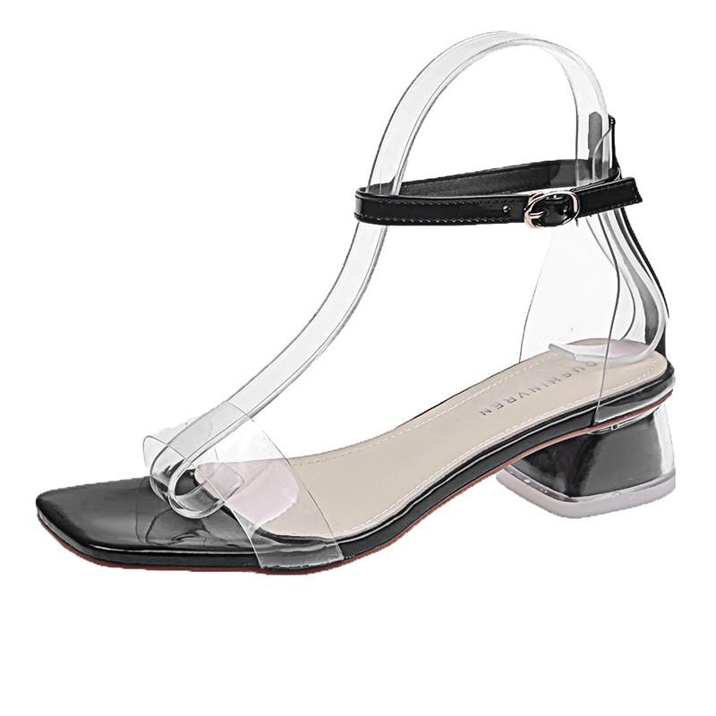 Kvinder pu sandaler forår sommer damer høj firkantet hæl 5cm peep-toe arbejdssandaler kvinder casual sandalia: Sort / 38