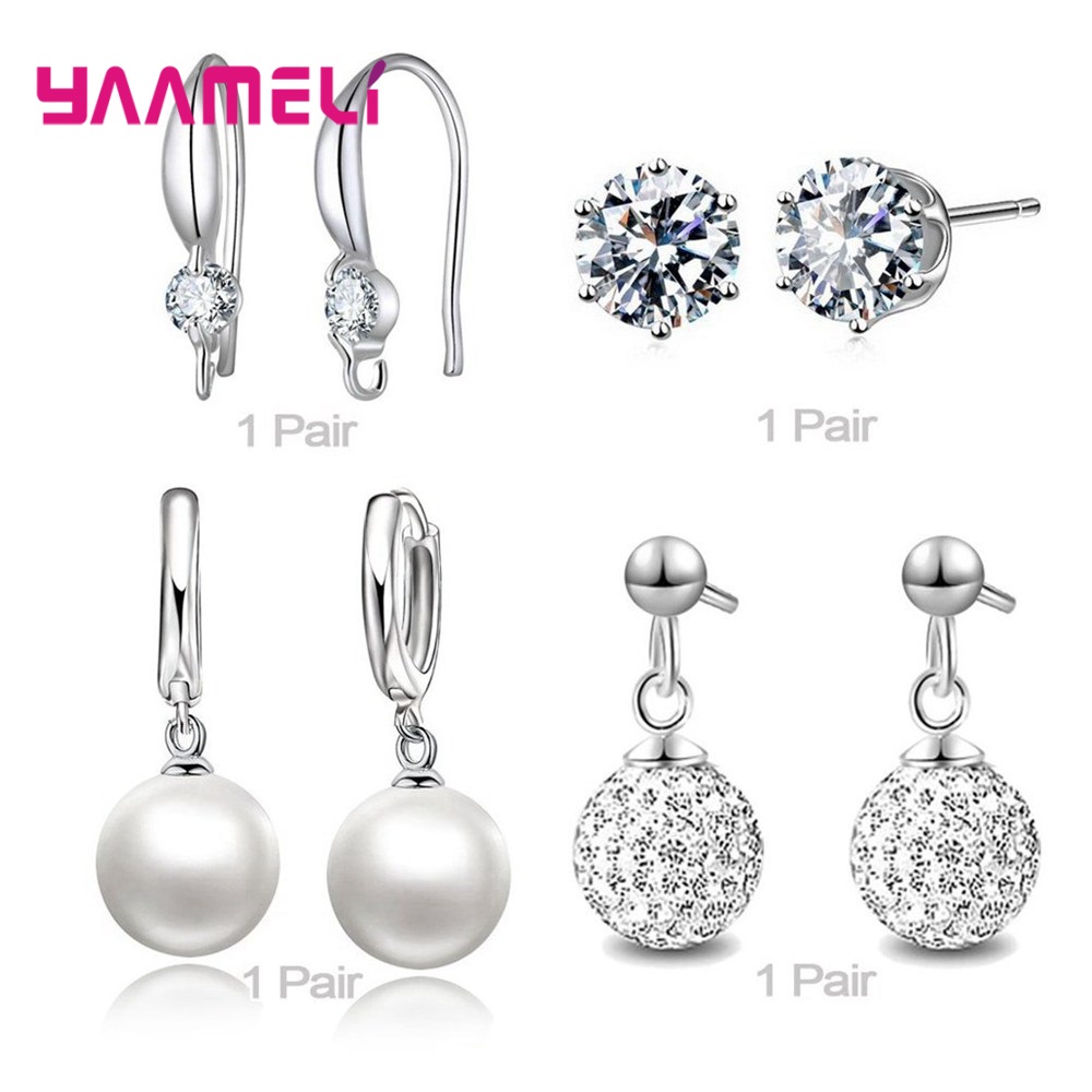 Trendy Vrouwen Oorbellen Echt 925 Sterling Zilver Natuurlijke Kristal Parel Party Accessoires 4 Paar Gemengde Sieraden