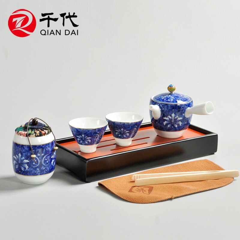 Chinese ceramic tea set storage combination blue color icing on the cake travel tea set set blue and white kung fu tea set holid