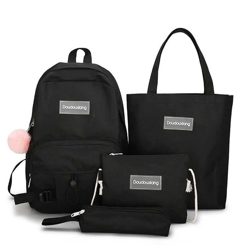 Canvas Rugzak 3 Stks/set Vrouwen School Rugzakken Schooltas Voor Tiener Meisjes Kids Book Bag Satchel: BLACK 1
