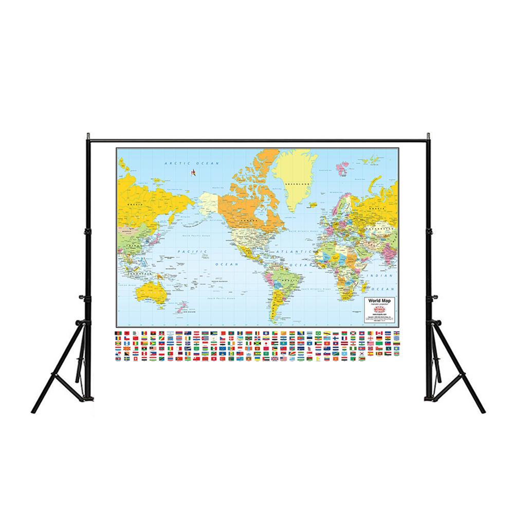 150x225cm na całym świecie odwzorowanie merkatora mapa z flagi narodowe włóknina wodoodporna mapa świata dla podróży i podróży