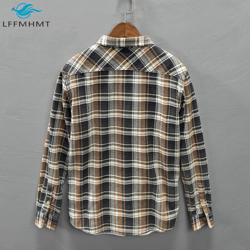 Camisas simples de manga larga estilo japonés a cuadros clásicas con solapa para hombres Harajuku verano otoño bolsillos Tops de algodón ropa de calle con ajuste Delgado