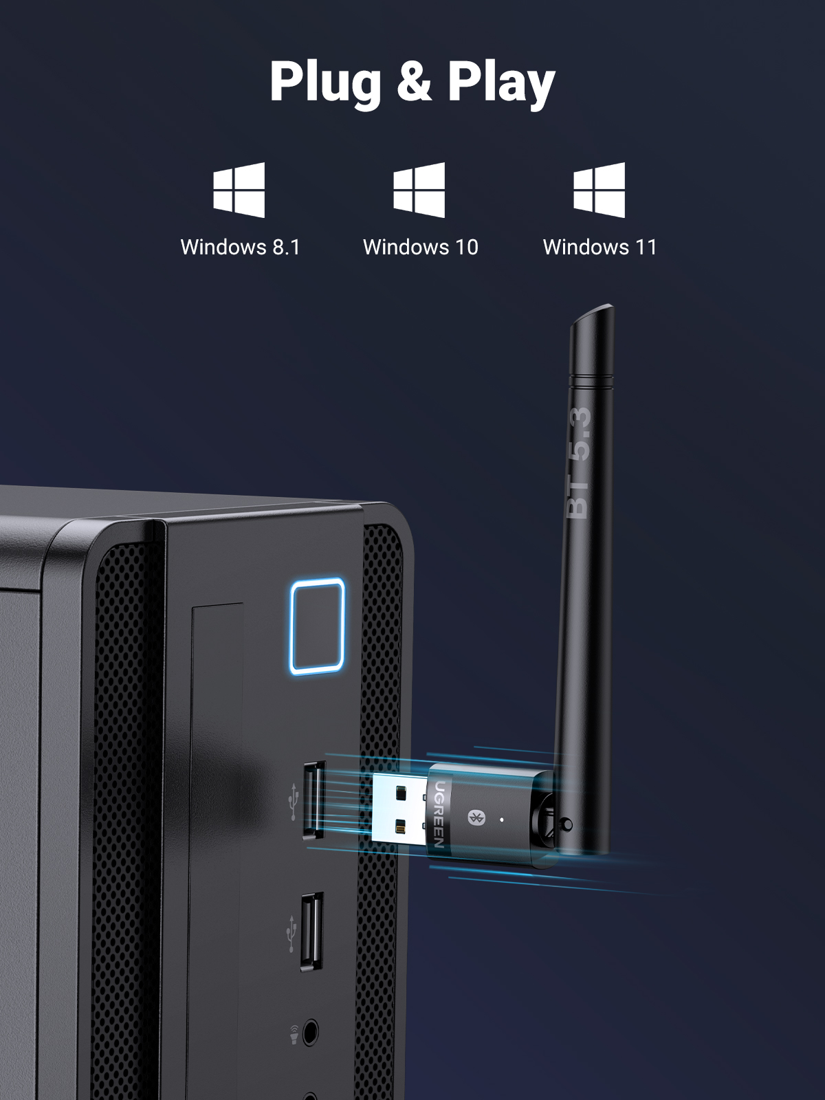 UGREEN-USB Adaptador Bluetooth 5.3 para PC Speaker, Teclado Mouse Sem Fio, Receptor De Áudio De Música, Transmissor, Dongle Bluetooth