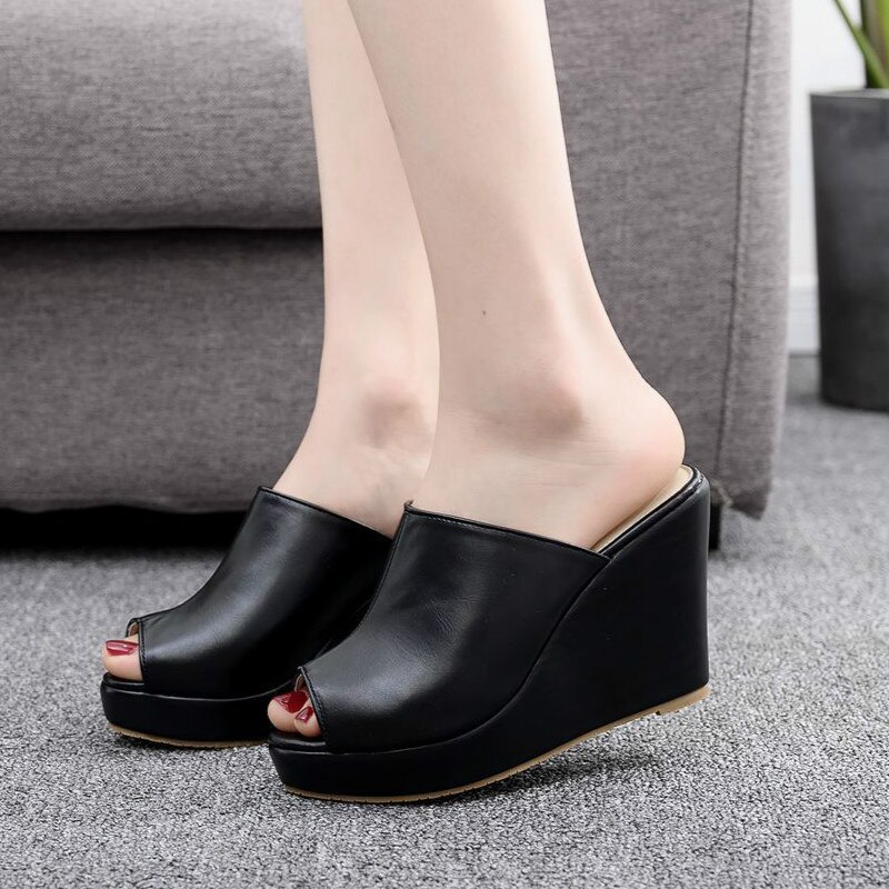 Kvinner sandaler sko slip-på kiler 10cm hødu hæler grynte pip tå 2cm plattform sklisikre kvinnelige tøfler pumper sko pluss str.