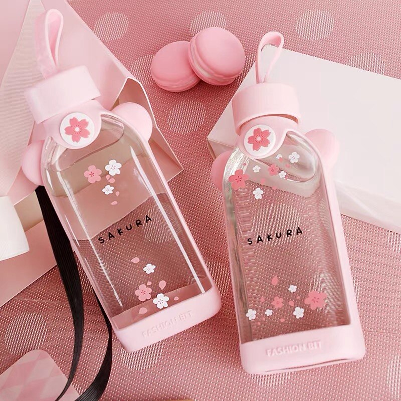 Botella de agua de Flamenco de cristal plano a prueba de fugas, de flores de cerezo, transparente, creativa, bonita, portátil, para estudiantes