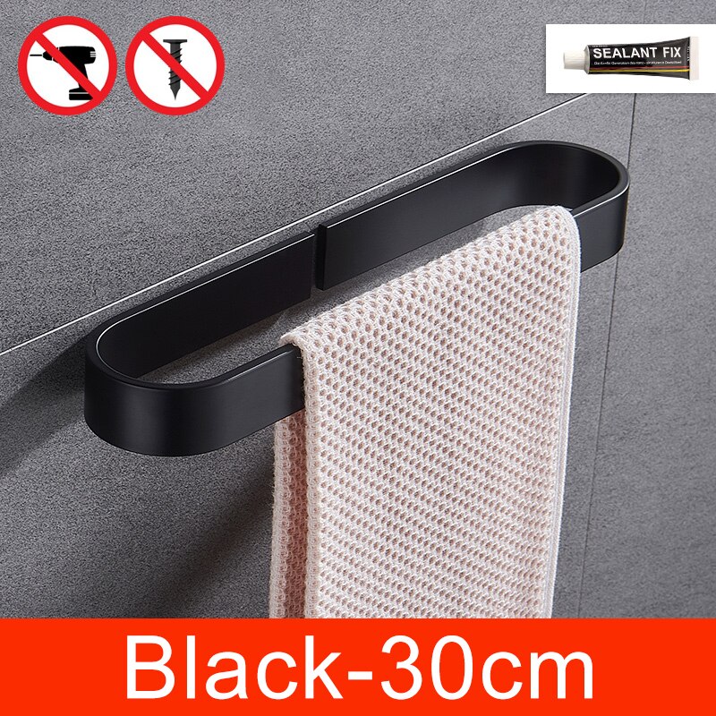 Self-adhesive Black Bath Towel Holder Bathroom Towel Rack No Punch Towel Rail Rack Towel Holder Bath Storage Shelf ML65B: Black-30cm