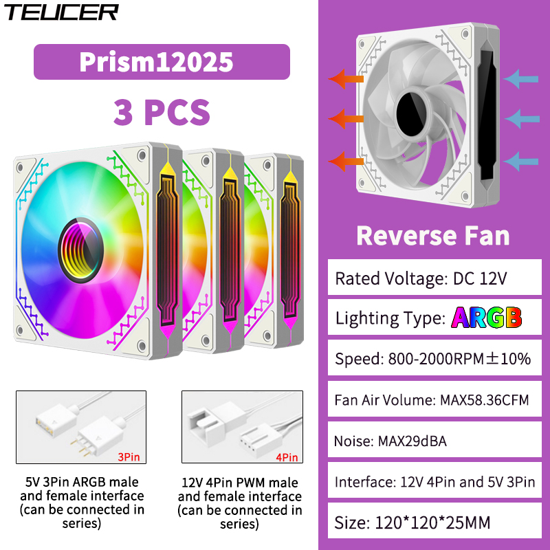 Teucer prism 12025 pc kabinetblæser 120mm 5v 3- pins argb cyklisk spejllyseffekt pwm 800 to 2000 rpm køleblæsersæt 3 stk.: Blå