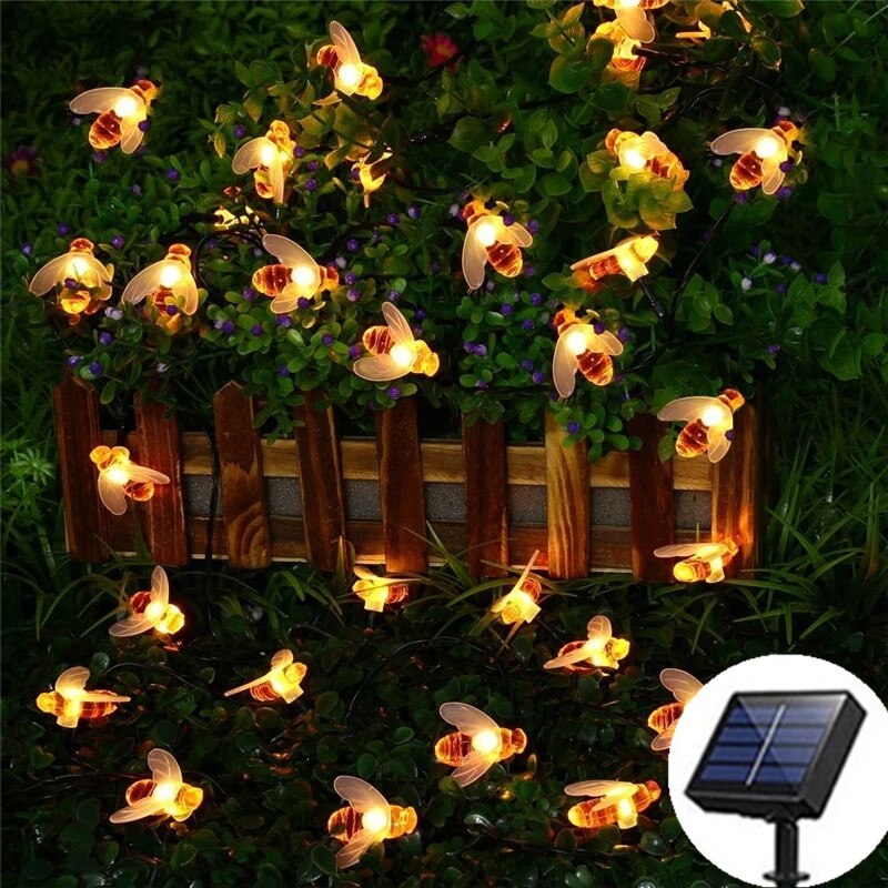 Waterproof Outdoor Cute Honey Bee LED Fairy String Lights Solar bee light Christmas Garland Lights for Garden Fence Patio
