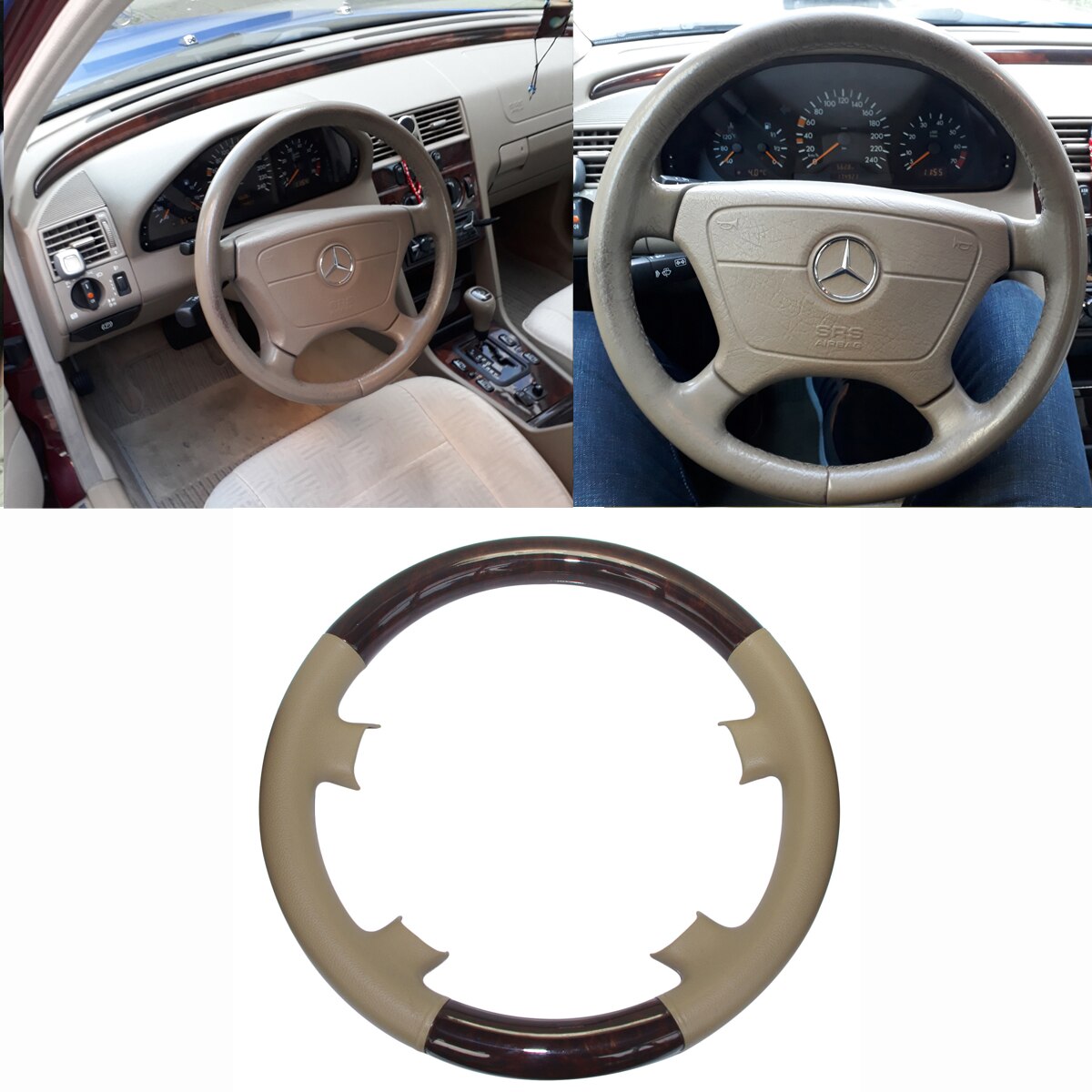 Cubierta de volante de madera y cuero marrón para Mercedes 95-99 W210 S210 E230 E300 E320 E430 E55 W202 S202 C180 C230 C220 C280 C43 AMG
