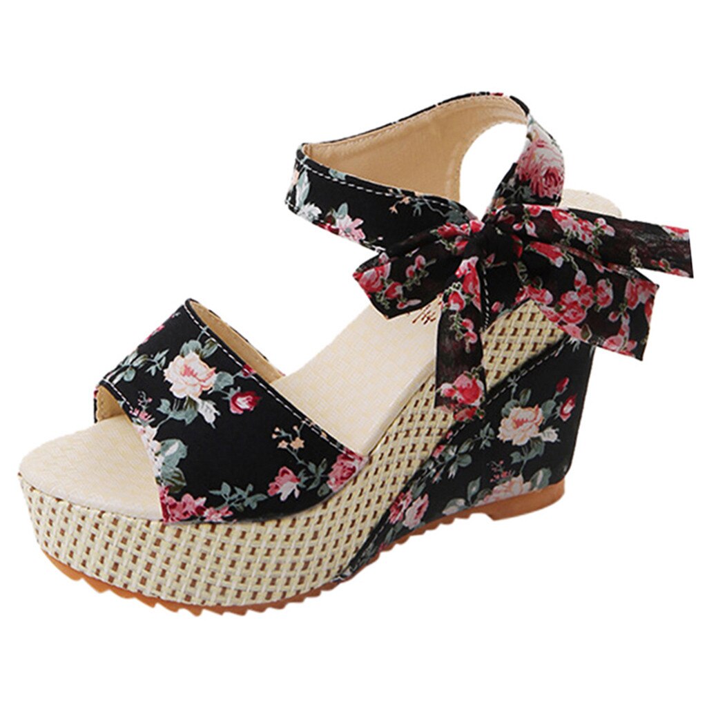 Zomer Wig Sandalen Vrouwen Dames Platform Wiggen Hak Sandalen Bloemen Strik Lace-Up Schoenen Open Teen dames Schoenen: Black / 7