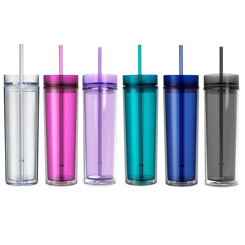 Vaso Delgado acrílico de 16oz con tapa y pajita, vasos de plástico coloridos, botella de agua de plástico aislada para